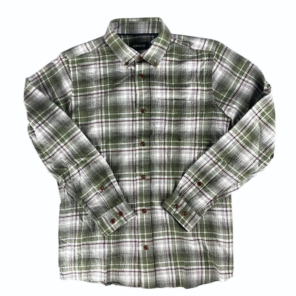 Orvis Mens Small Crushed Herringbone Green Plaid Crinkle Cotton Shirt Active Fit